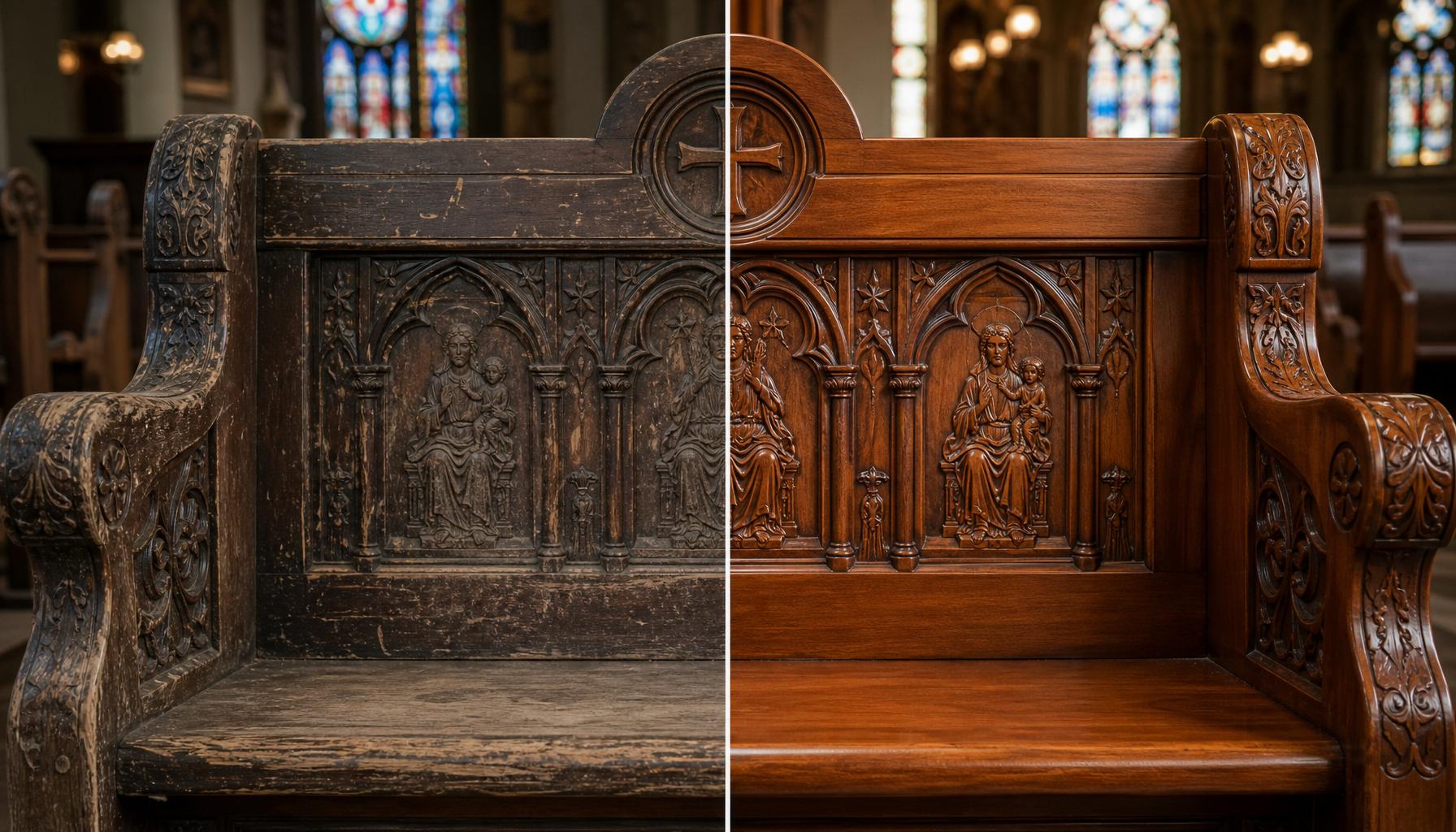 Panca intagliata — prima e dopo il restauro